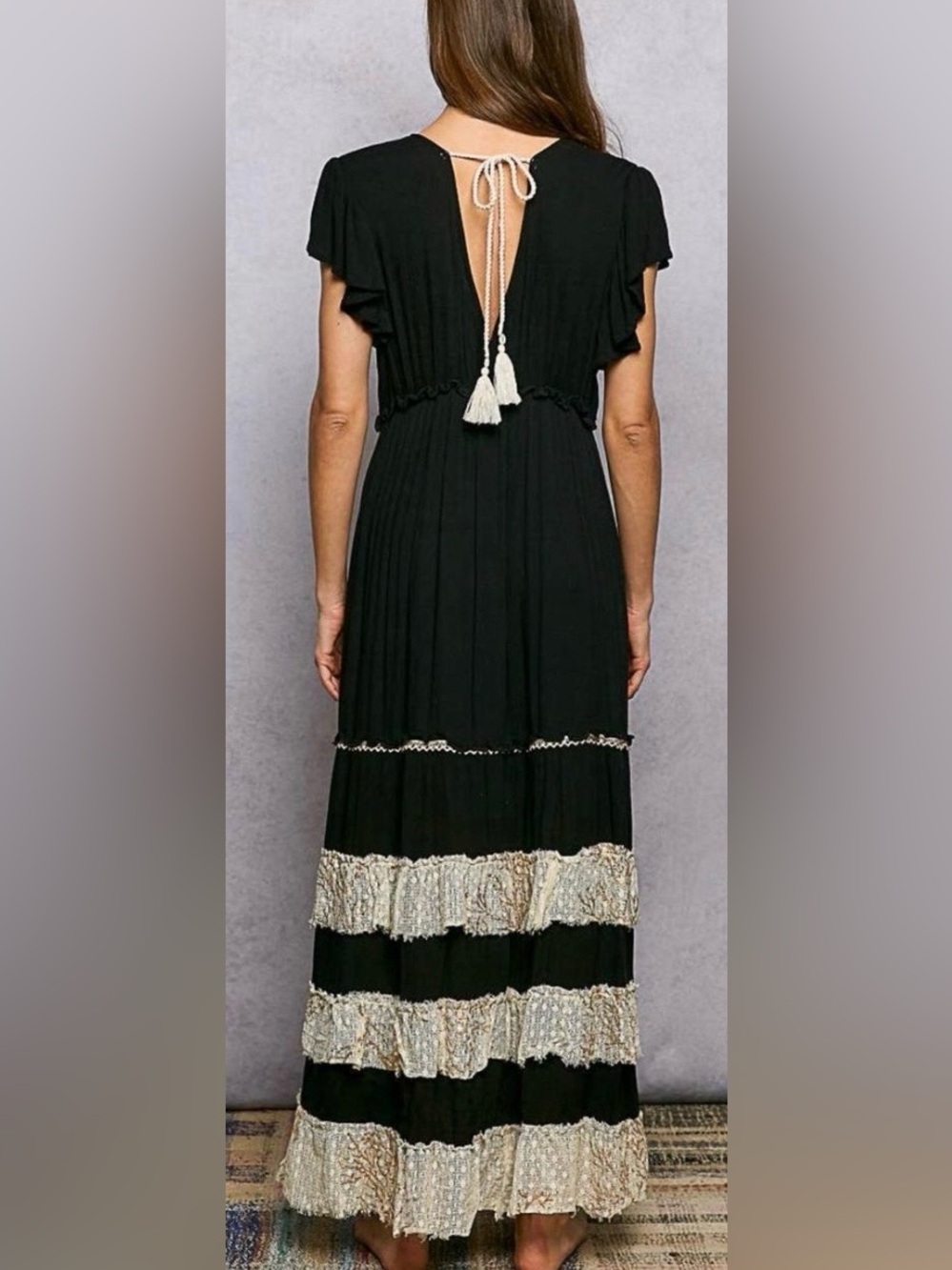 POL Patched Embroidered Sequin Maxi Dress Black Cream Tassel Tie Size Large New - Picture 3 of 8